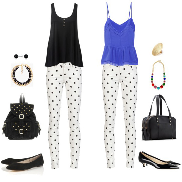 jeans con estampado de lunares combinados con colores lisos